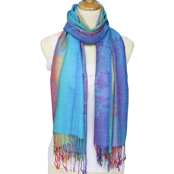 Färgglada blommor Jacquard bomulls pashmina Kvinna Wrap Sjal fransar Scarves, Blå