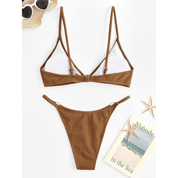 Ribbad O-ring String Bikini Badkläder Cheeky Trosa Baddräkt Två Delar Baddräkt 338_brown S