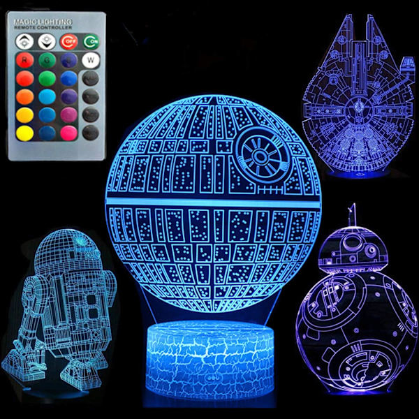 3D Illusion Star Wars nattlys Fire mønster Dødsstjernen/Millennium Falcon/R2 D2/BB-8 Interstellar 7 fargeendring dekorlampe skrivebordsnattlyslampe Star Wars Combo Pack-B