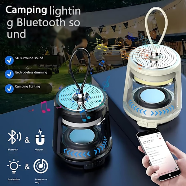 Bærbar Bluetooth-høyttaler, 360° RGB-lys, 25 timers spilletid, magnetisk base, IPX5 vanntett, Type-C hurtiglading, 5W stereolyd, Co black