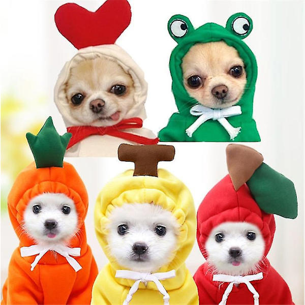 Varma hundkläder för vintern, söta frukthundtröjor med huva, fleece husdjurshundkostym jacka för fransk bulldogg chihuahua (groda, XS)