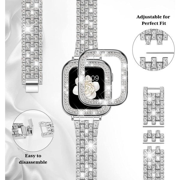 Kompatibelt Apple Watch Band med case Series iwatch6/5/4/3/2/1, Bling Full Diamond Rhinestone Women Girl, Silver(44mm)