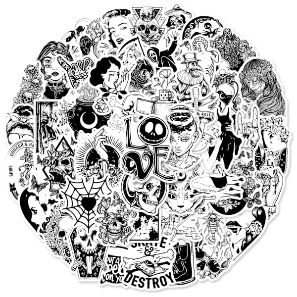 Gothic Horror Black and White Punk Stickers, set med 50, vattentät och UV-beständig, perfekt för alla dina prylar