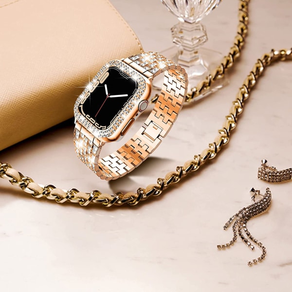 Kompatibelt Apple Watch Band med case Series iwatch6/5/4/3/2/1, Bling Full Diamond Rhinestone Women Girl, Rosegold (40 mm)
