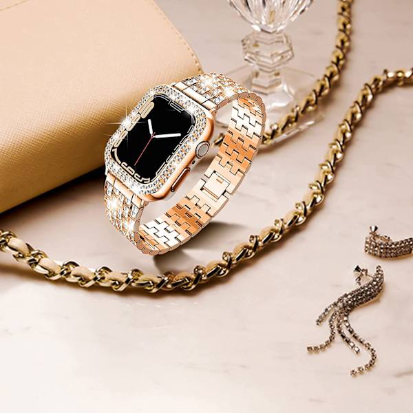 Yhteensopiva Apple Watch -ranneke kotelolla Series iwatch6/5/4/3/2/1, Bling Full Diamond Rhinestone Naiset Tyttö, Rosegold(40mm)