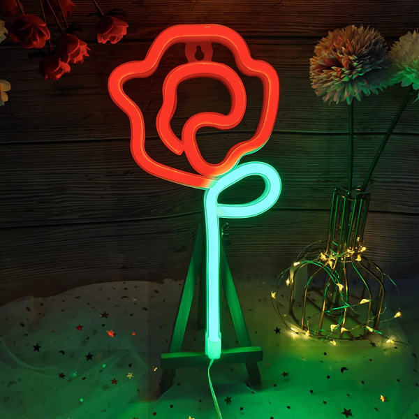 Neon Pink Rose Flower Neon Skilt USB/Batteridrevet Natteskilt LED Væg Skilt Vægkunst til Natlamper Lys Op Skilte（Rød）