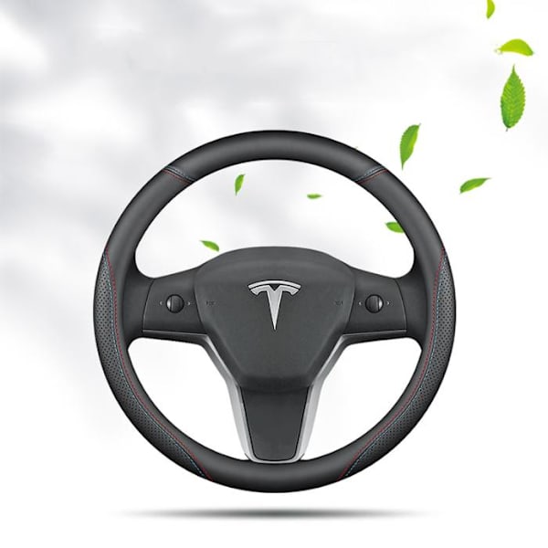 Passar till Tesla Model 3/Y/Model X/S rattöverdrag - Tesla special rund (vit linje) med logotyp - 36cm/1 förpackning