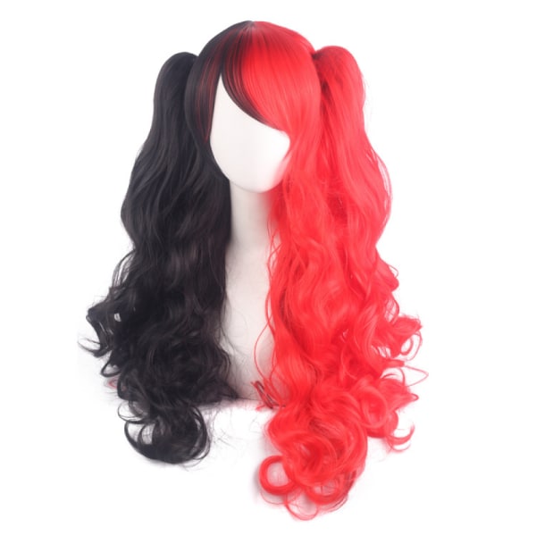 Lolita Long Curly Clip on Ponytails Cosplay Wig, Double ponytail tiger clip long curly wig (Black/Red)