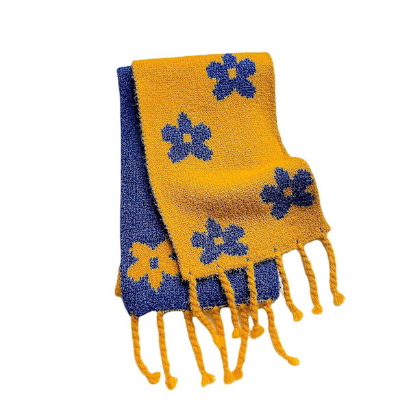 Stickad barnscarf höst och vinter nisch tjocka flätor fransade blommor varm färgmatchning vild halsduk（Gul）