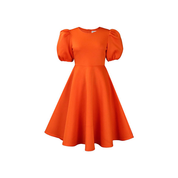 Dam Dam Puffy Summer Dress Enfärgad fyrkantig hals Bubble Sleeve Endelad kort klänning (orange M)