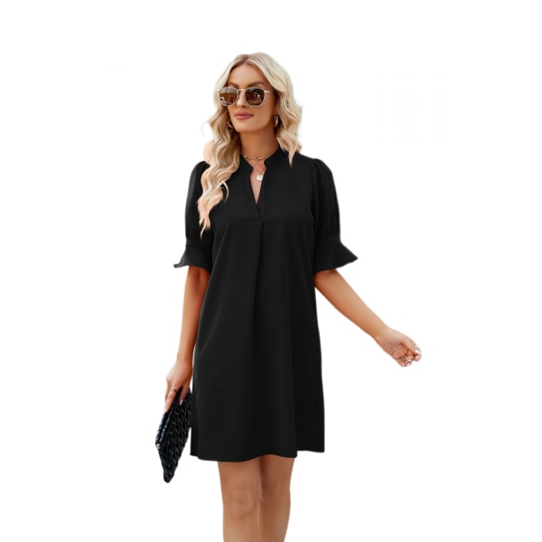 Dam sommar bomullslinneklänning enfärgad solklänning med v-ringad kortärmad midiklänning Casual lös skiftklänning (svart XL)