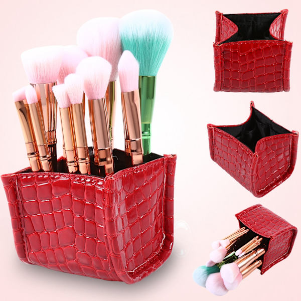 1 stk. Kosmetik Makeup Penselholder Taske Etui PU Læder Opbevaringsarrangør Make Up Værktøj Rød