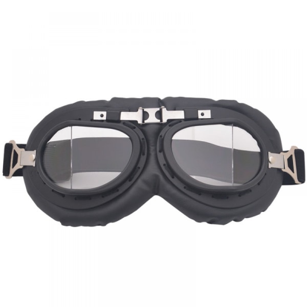 Motorcykelglasögon utomhus vindtät, vattentät och dammtät glasögon svart ram svart läder Silver centerstråle (transparenta linser)