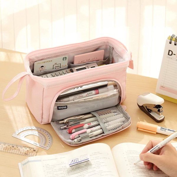 Etui med stor kapacitet, håndholdt pennepose, kosmetisk bærbar gave til kontor, skole, teenager, pige, dreng, mænd, kvinder, voksne (Pink)