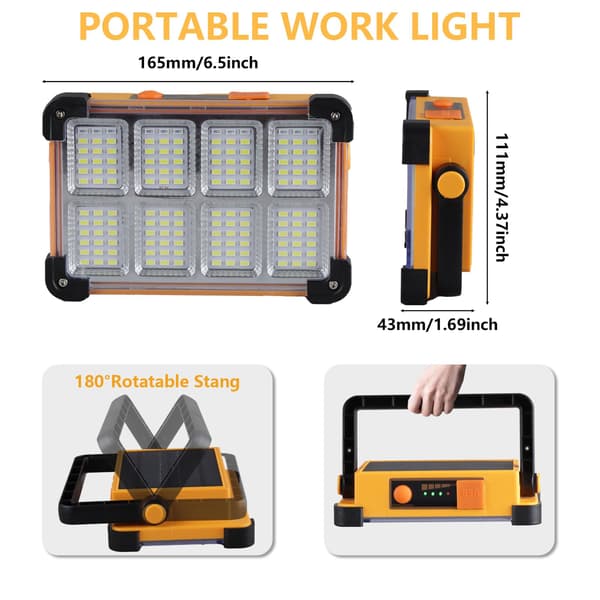 Genopladelig solcellearbejdslampe, 144-LED bærbar projektør med foldbart stativ, IP66 vandtæt 4-tilstands arbejdspladsbelysning, USB-strøm orange