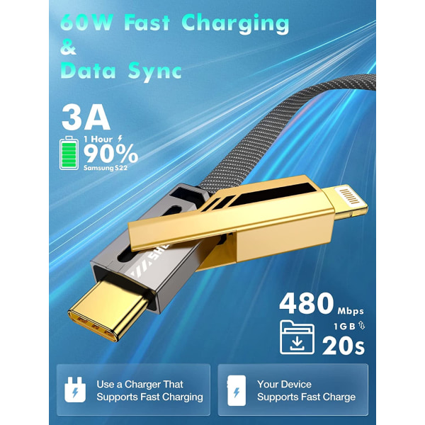 4-in-1 USB-C-kaapeli Lightning-kaapeli 60W [Nopea lataus ja datan synkronointi] Litteä punottu sotkeutumaton iPhone-latauskaapeli tarralla (keltainen)