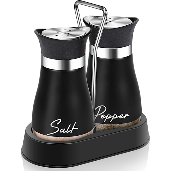 Black Salt and Pepper Shakers Set with Holder,4 oz kitchen accessories and decor for Restaurant, Wedding, Housewarming Gifts Refill