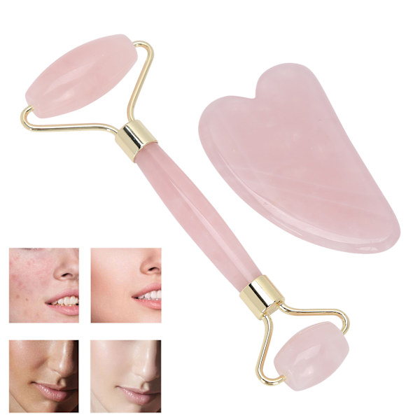 Ansiktsrullesett Rose Quartz Ansiktsmassasjer Anti-aldring Rynke Gua Sha Skjønnhetsverktøy (Golden )