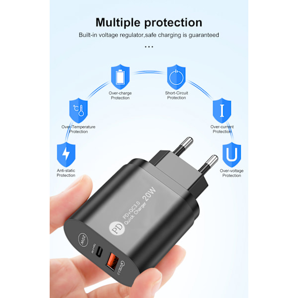 Ny PD12W mobiltelefonlader 5V2.4A ladehode type-c PD ladehode europeisk og amerikansk britisk standardadapter svart