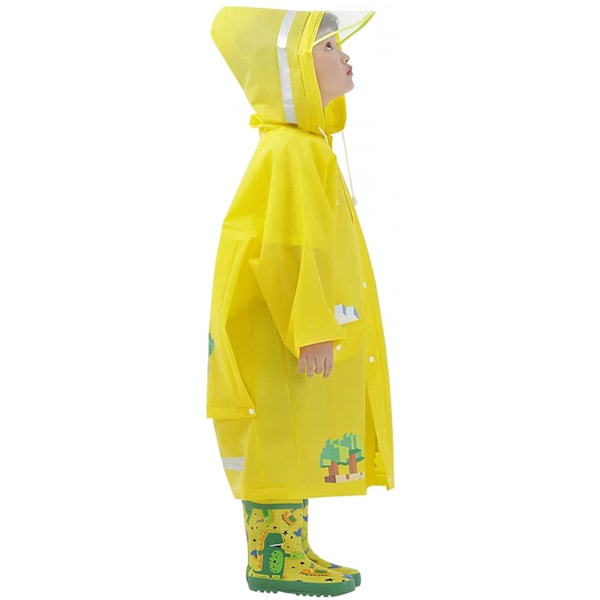 Barnregnrock Barnponcho Barnregnjacka Barnregndräkt Lätt Regnkläder Reflekterande Återanvändbar med Huva, Dino Gul, 2XL