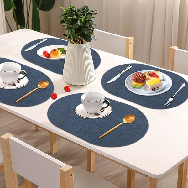 Underläggssats med 4, Konstläder Underlägg Värmebeständiga Tvättade Bordstabletter för Utomhusmiddag Kök, Mörkblå Dark Blue