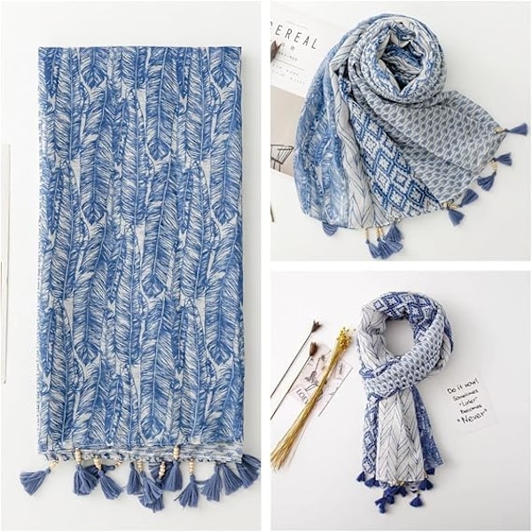 Reseschaal Boho-sjal för kvinnor Casual lättvikts Pashmina-sjal Mode Flerfärgad Sjal Wraps med fransade pärlor, BLÅ