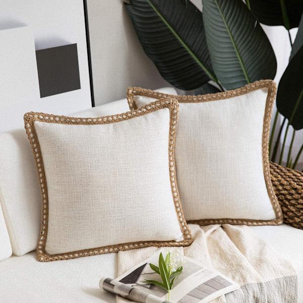 2-pack lantliga dekorativa kuddfodral i jute med linnekanter, skräddarsydda kanter, offwhite, 18 x 18 tum, 45 x 45 cm