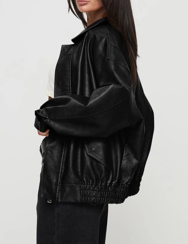 Faux Läderjacka Dam, Oversized Motorcykeljacka med Dragkedja, Trendiga Vinterytterkläder för Höst Vår Mode Black Medium