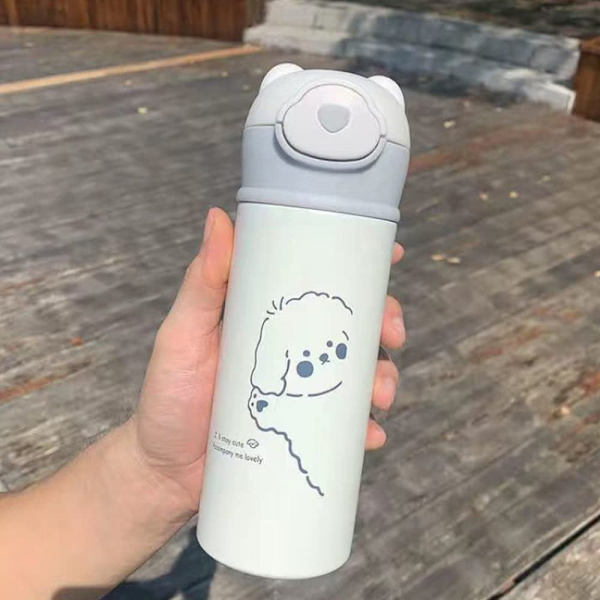 Halm Björntermos Vattenflaska, Varm och Kall Dryckstermos (15oz 420ML Björnhuvudskydd söt liten björn)