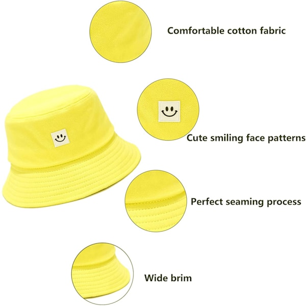 Solhatt for barn med smilende ansikt, bøttehatt for jenter og gutter, sommer solbeskyttelse bomull unisex strandlue --- gul