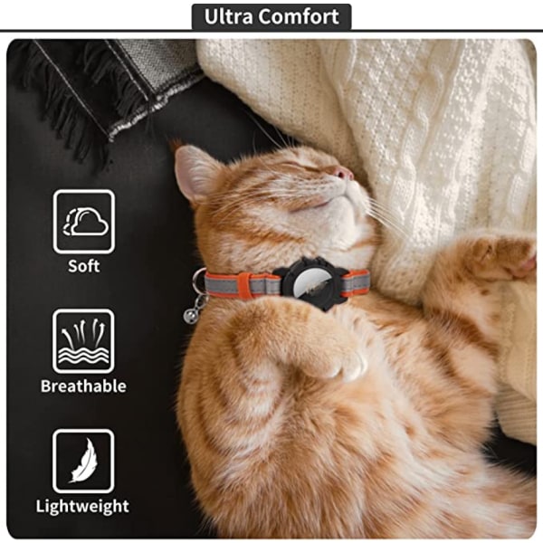 Reflekterande AirTag katthalsband, GPS-katthalsband i läder med AirTag hållare och klocka [Orange], Tracker-katthalsband för pojkekatter