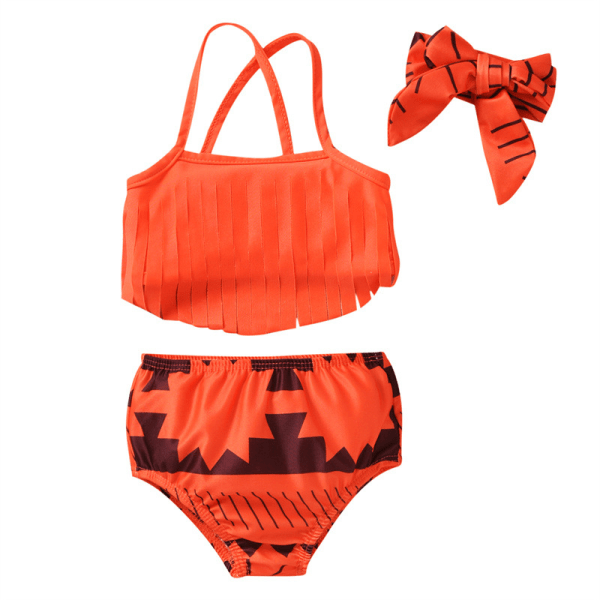 AVEKI Flickors Tassel Beach Sport 3-delad UPF 50+ Bandad Tankini Baddräkt, 3-4 år, Orange