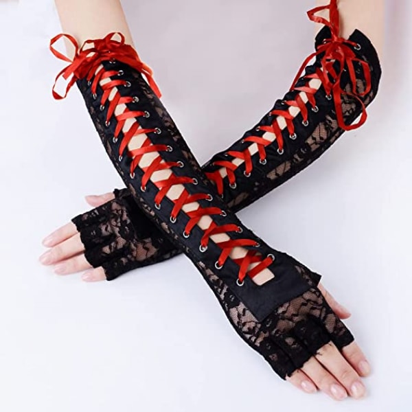 AVEKI Fingerlösa handskar för kvinnor Armbåge Snörning steampunk Kostym Armvärmare, Nylon