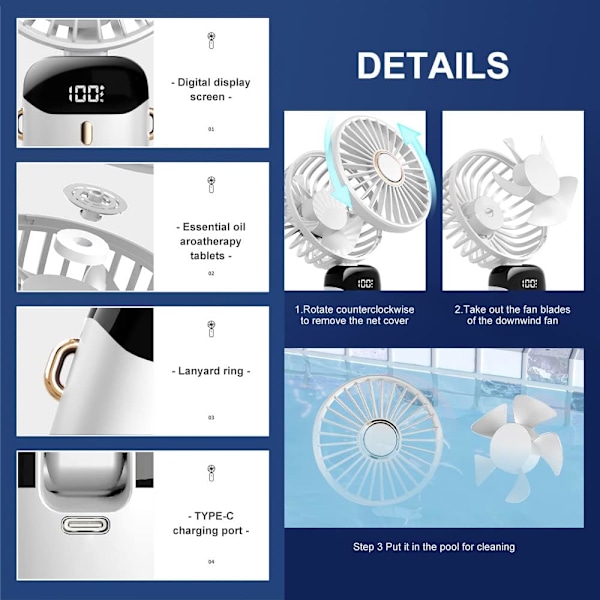 Mini Håndholdt Ventilator, Bærbar Personlig Ventilator, Hængende Halsventilator 90° Justerbar USB Genopladelig 4000mAh Lille Bordventilator 5 Hastigheder til Hjem, Kontor white