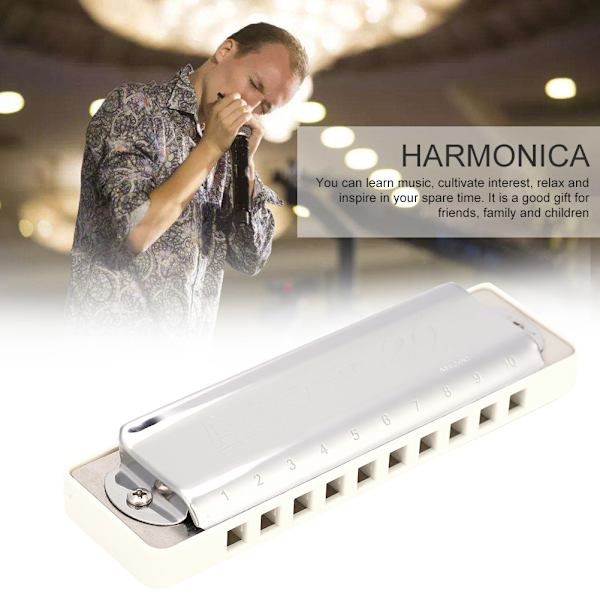 KONGSHENG AM-20D Fosfor Bronze Reed 10 Huller 20 Tone Blues Harmonika i A-Dur (Hvid)