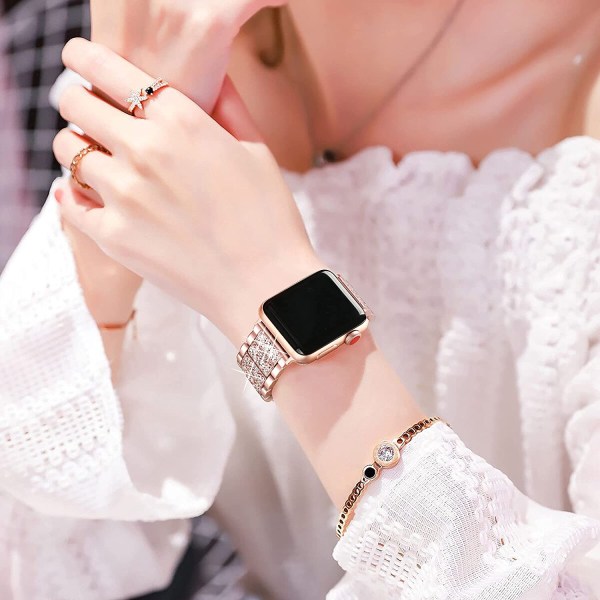 Rem och Apple Watch -rem iWatch Series 7/6/5/4/3/2/1 Metallkompatibel diamantrem med tre pärlor ---roséguld（38/40/41 mm）
