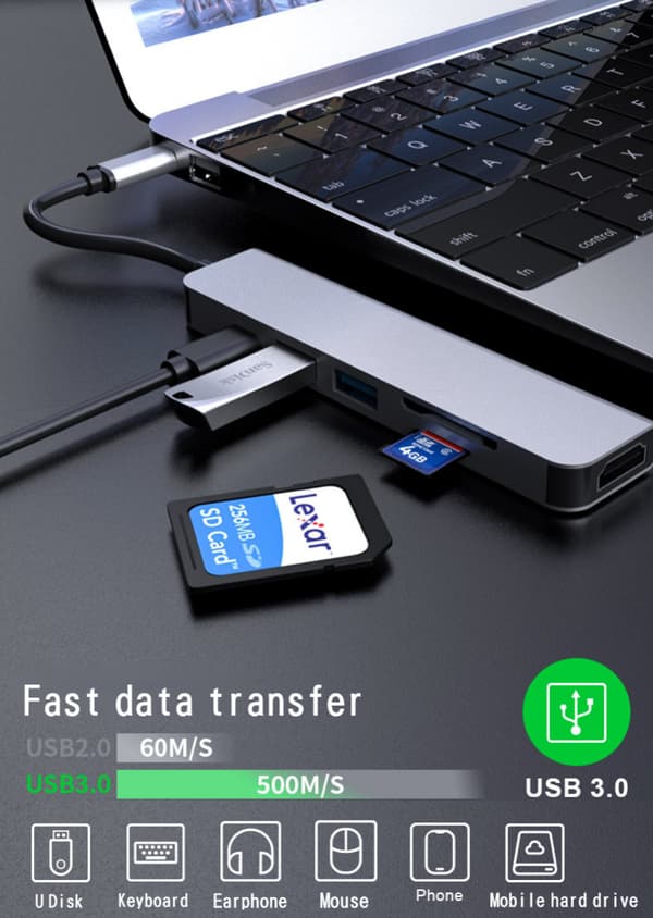 Seks-i-én Type-C dockingstation USB3.1 til HDMI/TF/SD/PD multifunktions notebook-udvidelses-HUB