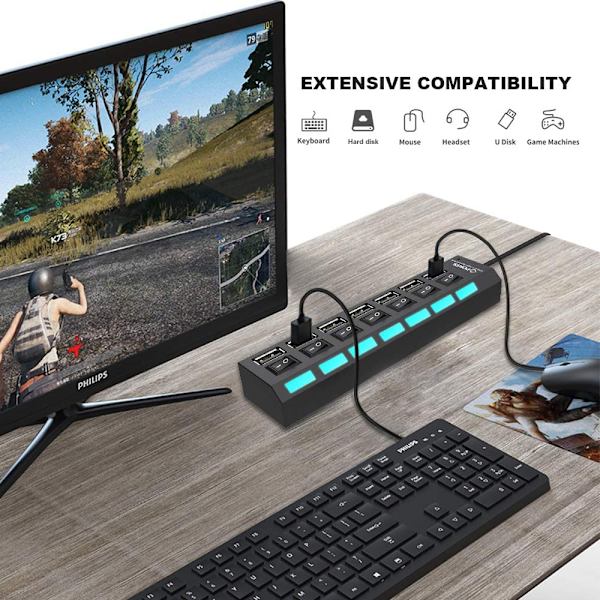 Multi USB Hub Splitter, 7-Port USB 2.0 Hub för bärbar dator, USB Port Expander med On/Off individuell switch kompatibel för alla USB enheter, 4-pack