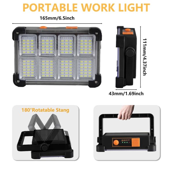 Genopladelig solcellearbejdslampe, 144-LED bærbar projektør med foldbart stativ, IP66 vandtæt 4-tilstands arbejdspladsbelysning, USB-strøm black
