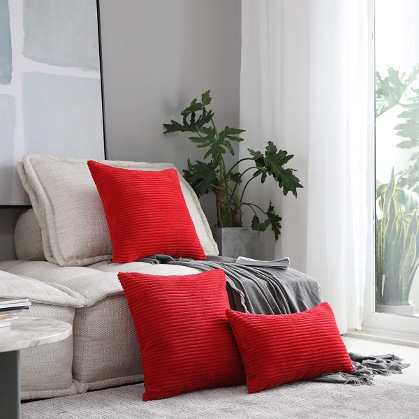 Pudebetræk 18x18 Sæt med 2 Superbløde Fløjlstribede Moderne Dekorationshyndebetræk til Sofa Soveværelse, RØD, 45cm x 45cm