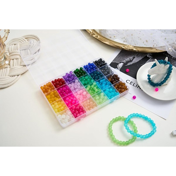 【2-pakning】 Mer enn 1300 stk runde glassperler for smykkefremstilling, 48 farger 8 mm krystallperler for armbånd, smykkefremstilling og DIY-håndverk Parent Solid+Printing