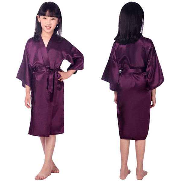 Børns Silke Plet Ren Kimono Bryllup Kjole Morgenkåbe Kimono Kåber Nattøj ------ Mørk Lilla（Størrelse 6）