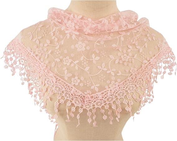 Lätt Mjukt Lövspetsfringes Triangulär Blommig Mode Handduk Halsduk Wrap för Kvinnor, Babyrosa