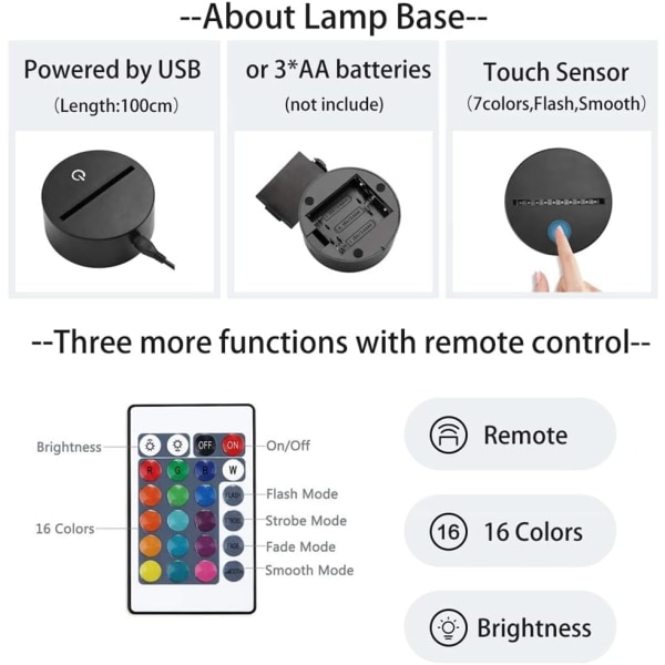 WJ 3D LED-illusionlampa Anime nattlampa för barn sovrumsdekor 7 färger touch/fjärrkontroll 16 färger byter USB-skrivbordslampor