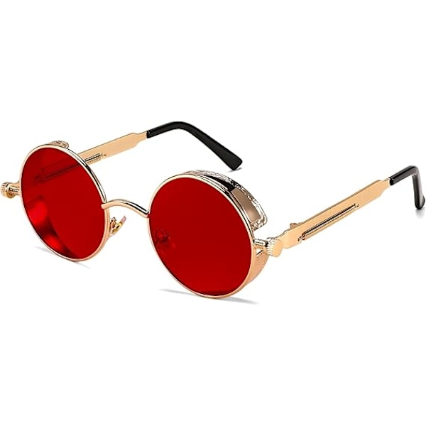 Retro Gotisk Steampunk Solbriller Rund Metalramme Punk Cirkel Inspireret Skygge Mænd B1861 Gold/Red
