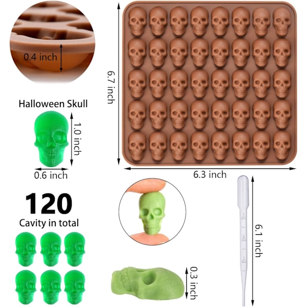 3 Pak Gummy Skull Silikon Slikforme, Halloween Mini Skull Form med 3 Dryppere Non-stick Slikforme Skull A