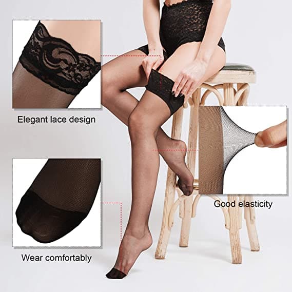 Lace Sheer Thigh High Strømper 3 Par Opaque Hold Up One Size til Sorte Kvinder, Sort