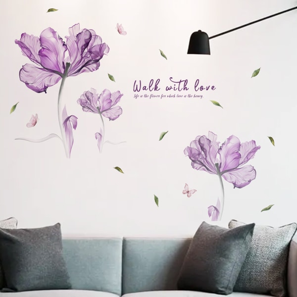 Väggdekal med Lotus Lila Blomma, Väggdekal med Violett Blomma, Väggdekal med Akvarell Fjäril för flickor i sovrummet, Avtagbar Vinylkonstmålning