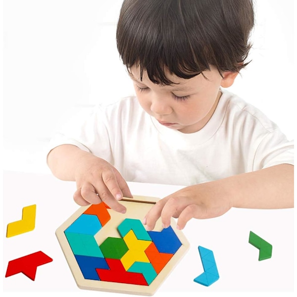 Skrtuan Trä Hexagon Pussel för Barn Vuxna Hjärnteaser Block Pusselspel Leksak Form Mönster Block Tangram Geometri Logik IQ ST