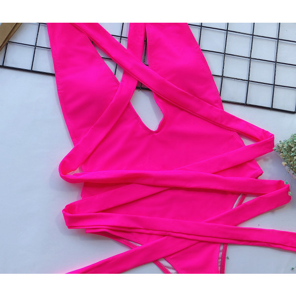 Sexig Tie Criss Cross Plunge One Piece Thong Swimsuit High Cut Brasiliansk Baddräkt, Hot Pink, L